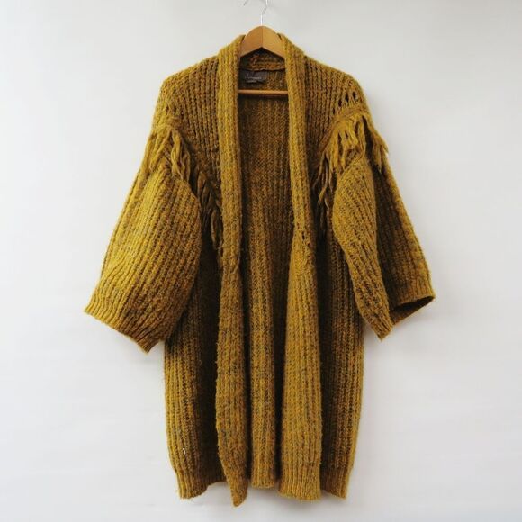Anthropologie OS Stevie Boho Fringe Marled Knit Mustard Yellow Cardigan Sweater - Picture 7 of 15